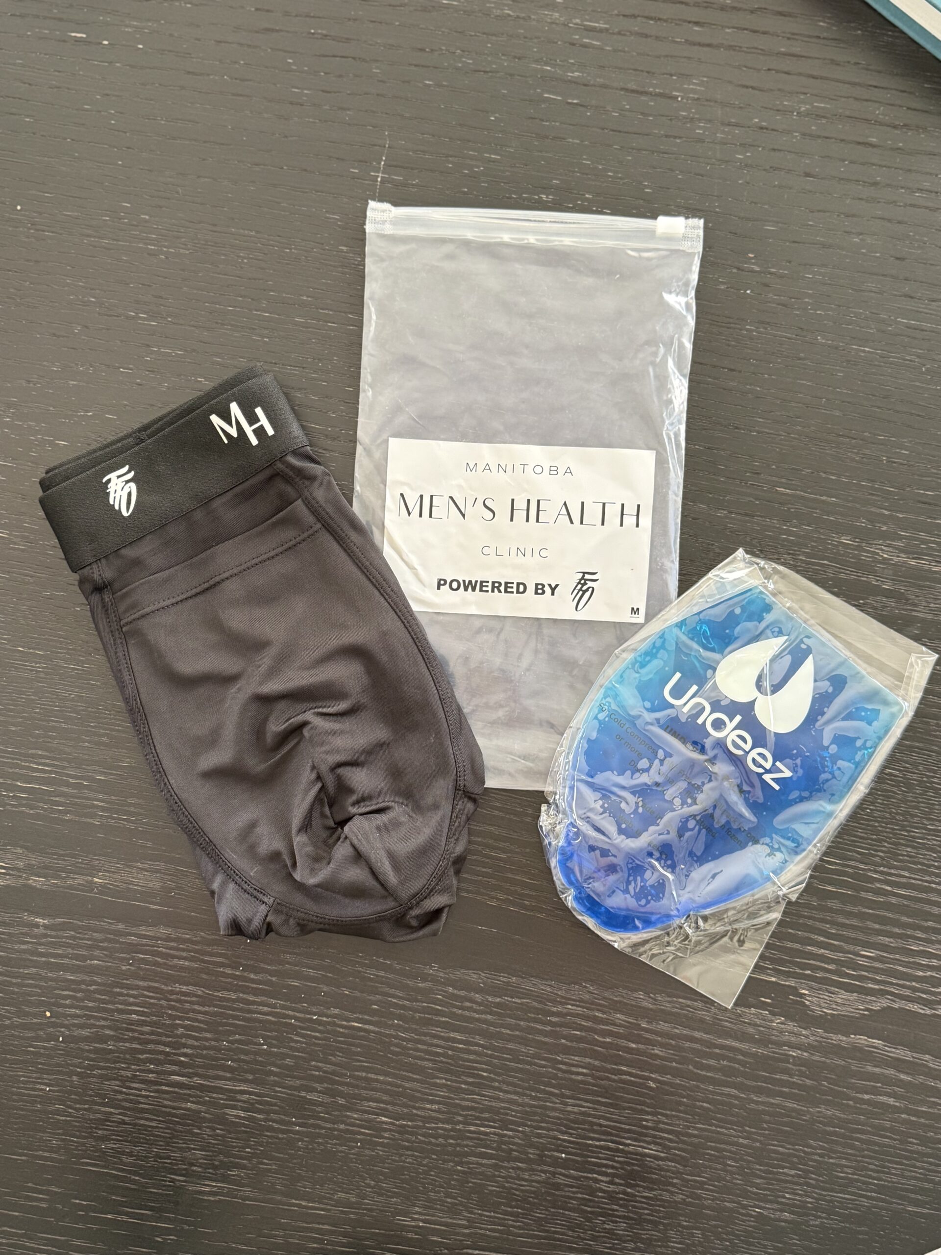 Vasectomy Recovery Underwear with Men’s Health Clinic packaging and Undeez ice pack